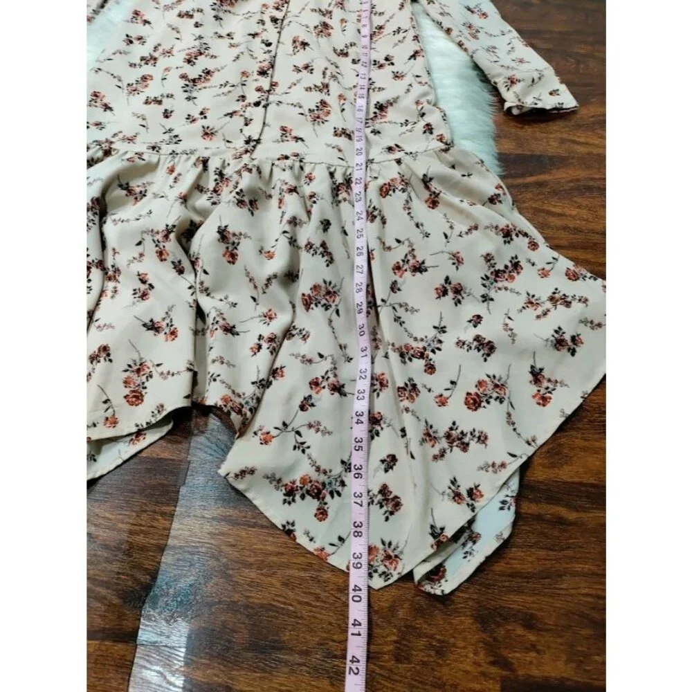 Begonia Puff Long Sleeve High Neck  Floral Print Hi-Low Dress Beige Womens Small - Picture 8 of 15